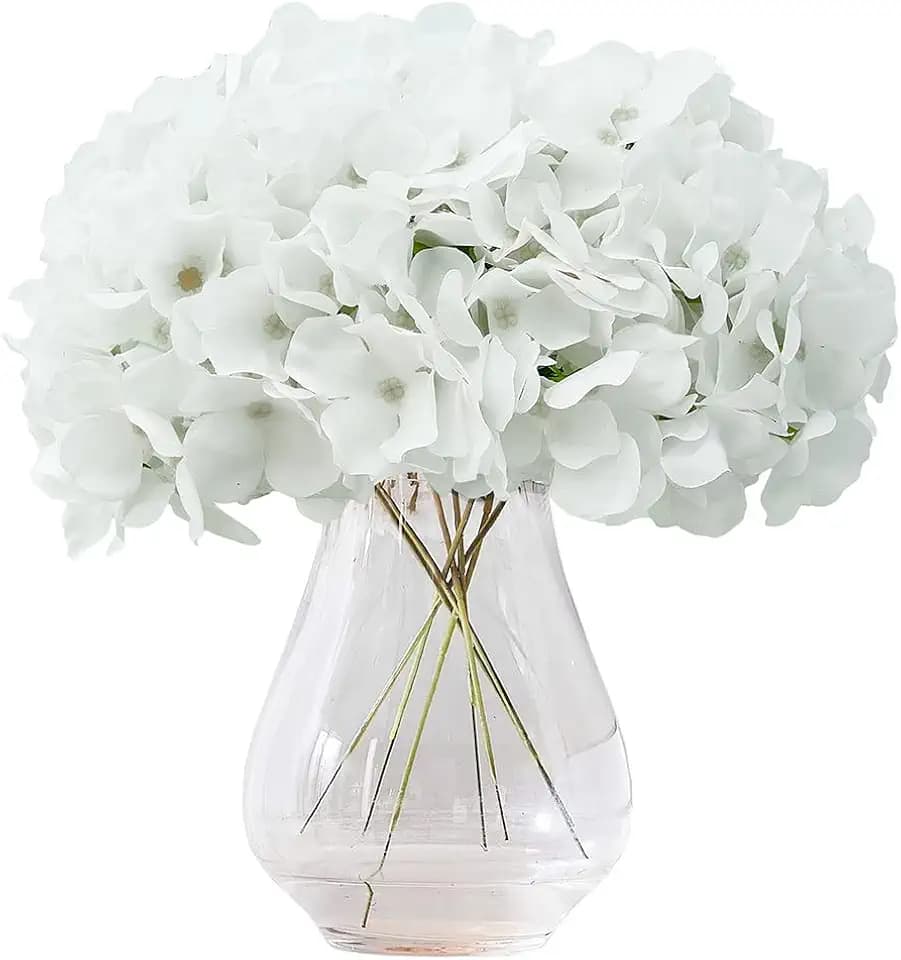 Artificial Hydrangea Flowers White Heads 10 Fake Hydrangea Silk Flowers for Wedding Centerpieces Bouquets DIY Floral Decor Home Decoration with Stems