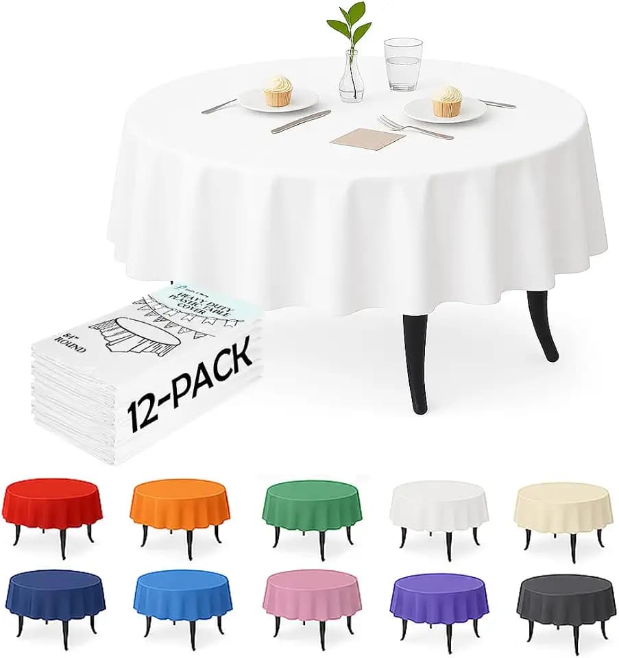 12 Pack White Plastic Tablecloths, 84 Inch Round Disposable Table Covers, Heavy Duty & Waterproof for Parties, Events, Banquets, White