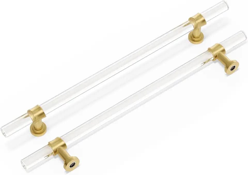Peaha Acrylic Drawer Pulls, Kitchen Cabinet Handle 6-1/4 Inch 10 Pack, Gold Drawer Handles Brushed Brass Kitchen Hardware T Bar Cabinet Pulls for Dresser Bathroom Closet and Cupboard, Zinc Alloy Base