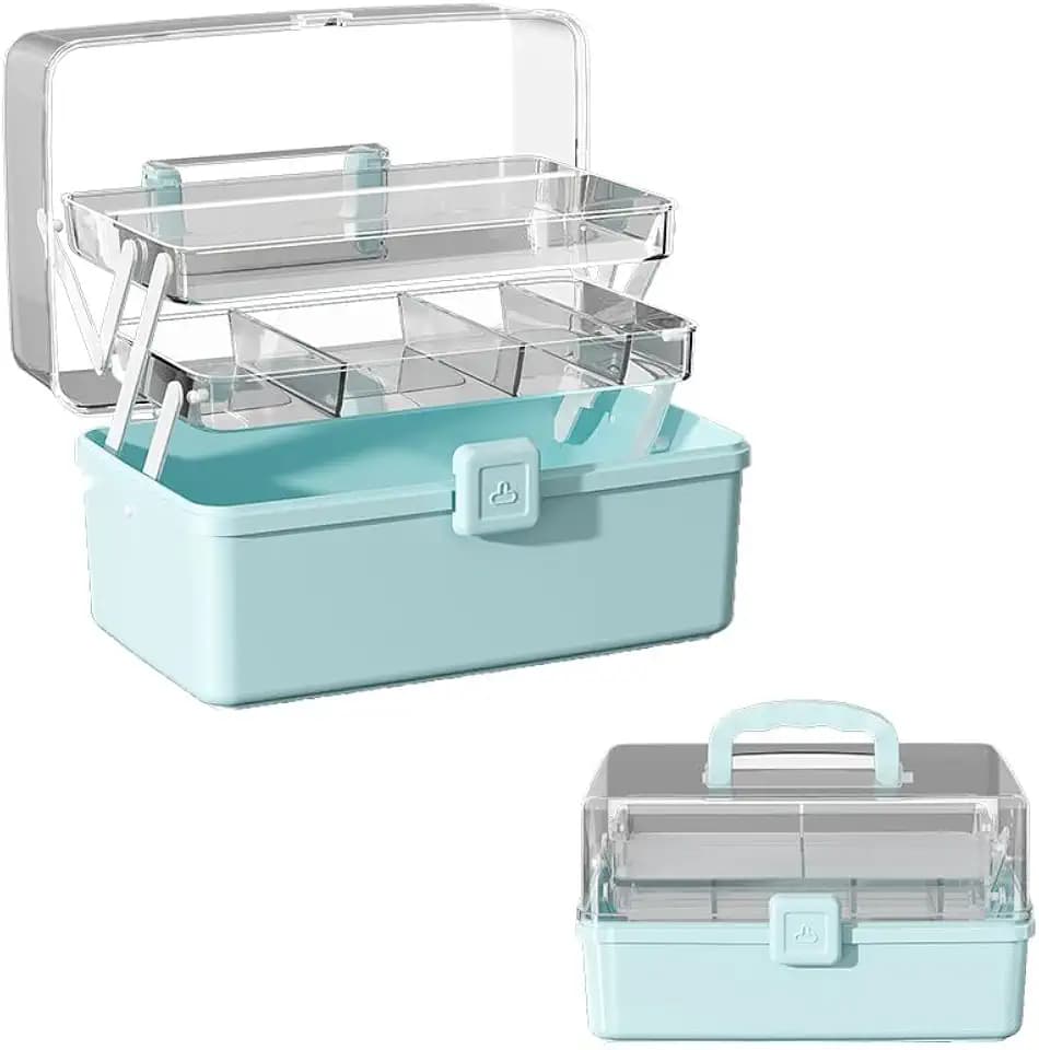 Large 3-Layer Craft Storage Box with Handle, Blue