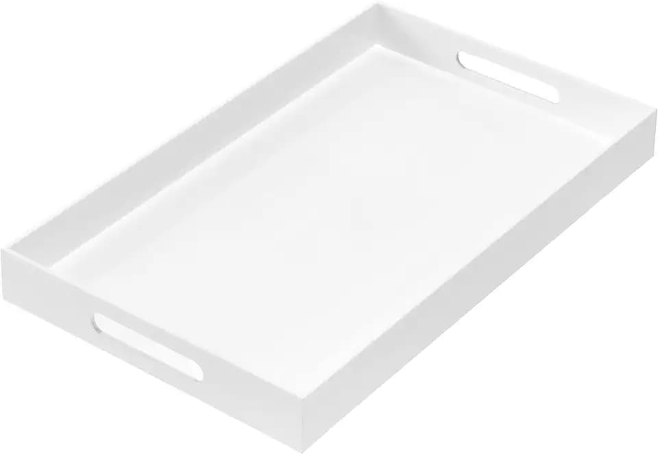 Glossy White Sturdy Acrylic Serving Tray with Handles 12x20x2H Inches -Spill Proof- Decorative Trays Countertop Organizer for Ottoman Coffee Table Nightstand, sidetable, Breakfast, Tea, Food