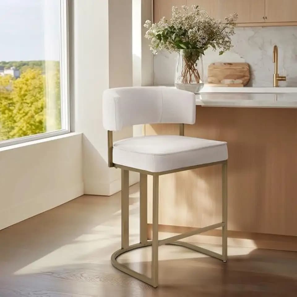 Madison Park Upholstered Bar Stool, Armless Counter Height Barstool with Back & Footrest, 25.5" Gold Metal Frame Kitchen Island Chair, Ivory Fabric Seat Modern Counter Stool for Dining Room