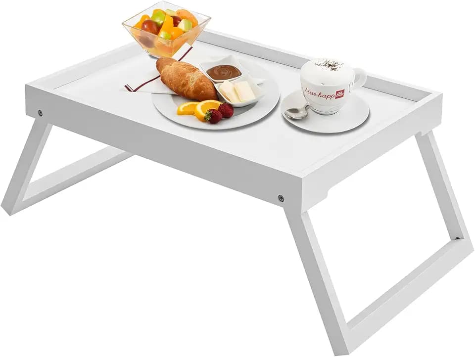 Bamboo Bed Tray Table with Foldable Legs, Breakfast Tray (White)