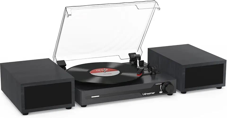 Udreamer Plattenspieler mit 2 Dual-Stereo-Lautsprechern, Vintage Plattenspieler Bluetooth 5.3 unterstützt 3 Geschwindigkeiten, AUX-In, Cinch-Line, USB, kabellose Wiedergabe, Schwarz