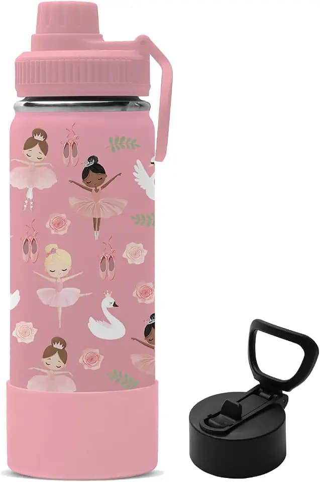 Gift for Ballerina Girls, 18oz Ballet Water Bottle with 2-in-1 Straw and Spout Lid, Dancer Dancing Kids Insulated Stainless Steel Tumbler Cup, Ballerina Gifts for School Teens Girls
