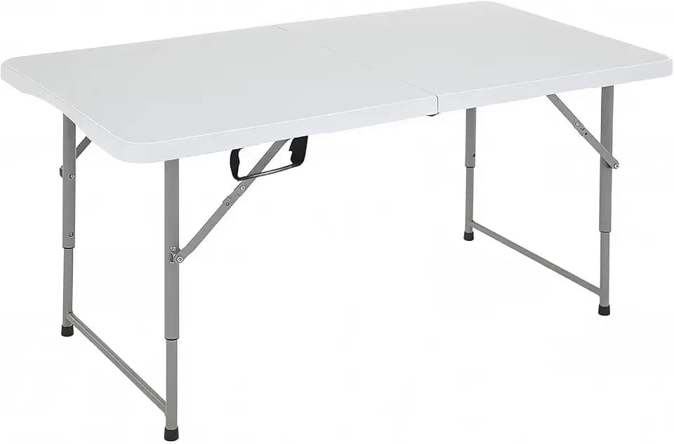 FDW 4FT Folding Table, Portable Fold-in-Half Plastic Picnic Party Table with Carrying Handle (White, 4FT)