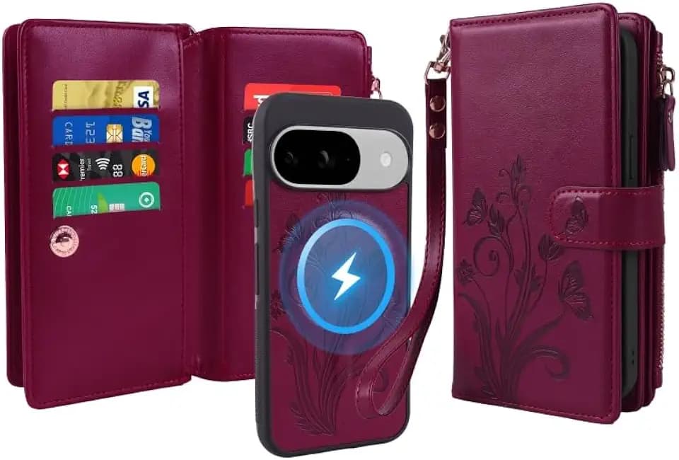 for Google Pixel 9/9 Pro/10/10 Pro Case Wallet,Compatible with MagSafe 2 in 1 Magnetic Detachable PU Leather RFID Blocking Wallet Cover Card Holder Zipper Wrist Strap,Floral Wine Red