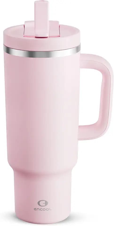 ENCOOL 40 oz Tumbler with Handle and Straw: Stainless Steel Insulated Tumbler Keeps Cold for 24 Hours, Leakproof Travel Cup Fits in Cup Holder and BPA-Free, Cotton Candy