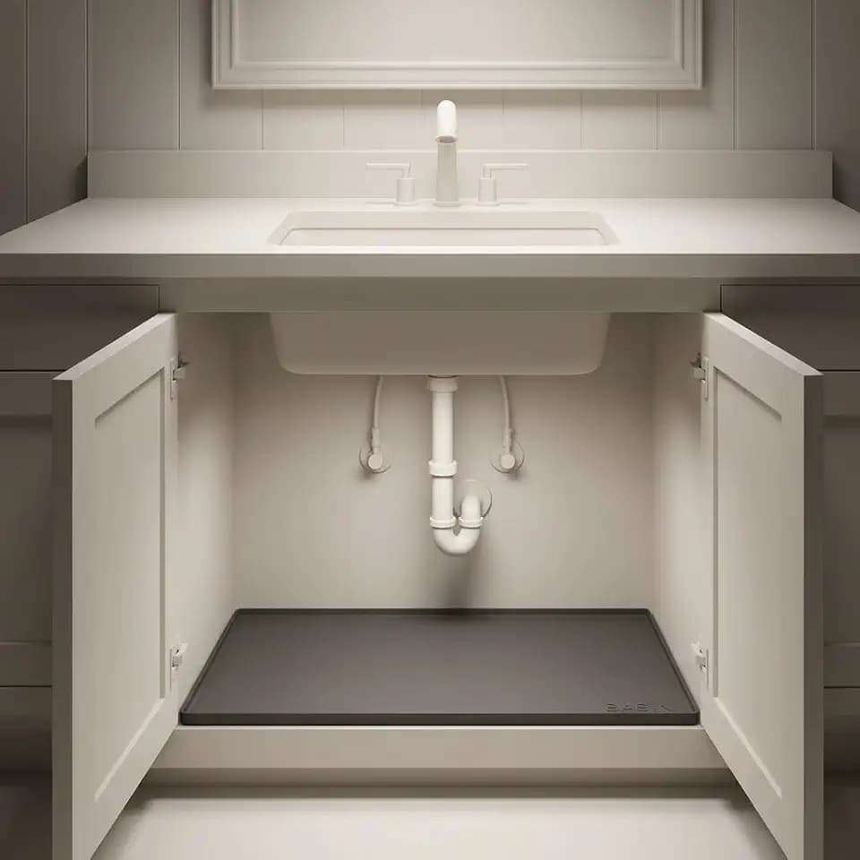 BASIN - Under Sink Mat for Bathroom - The Original Silicone Under Sink Mats for Bathroom Waterproof - Under Sink Tray for Bathroom Waterproof - Under Sink Cover Vanity Liner Gray 34x19