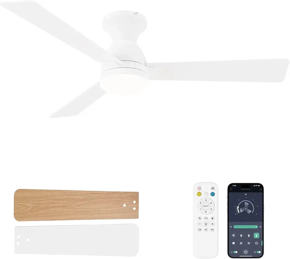 Ceiling Fans with Lights, 48 inch Low Profile Ceiling Fan with Light and Remote Control, Flush Mount, Reversible, 3CCT, Dimmable LED, Noiseless, White Ceiling Fan for Bedroom, Dining Room