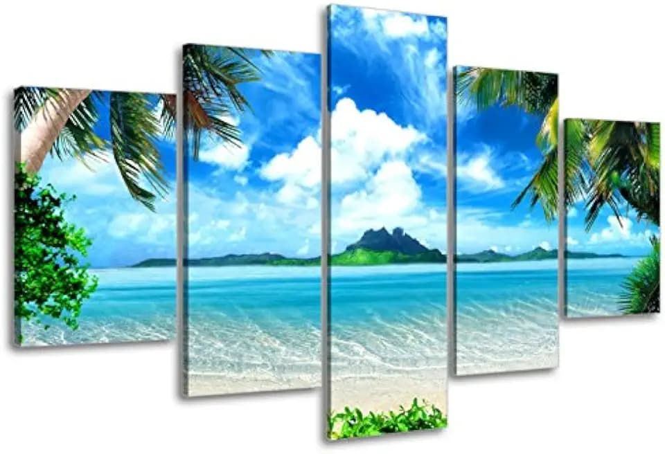 Beach Pictures Wall Art for Living Room, SZ 5 Piece Seascape Canvas Prints of Tropical Palm Tree and Caribbean Island Sandy Seaside (Dark Blue, Bracket Fixed, 1" Deep Premium Frame, Waterproof)