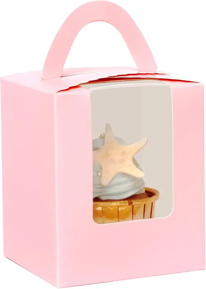qiqee Auto Pop-up Pink Cupcake Boxes Individual 100 Packs Cupcake Holders Disposable Single Cupcake Boxes with Window 3.7"x3.7"x4.5" Cupcake Containers