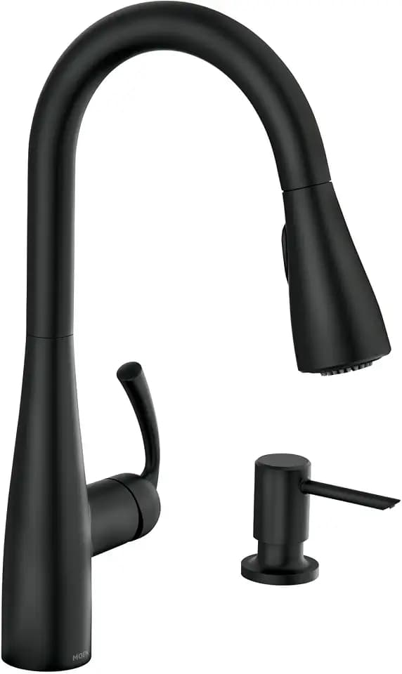 Moen Essie Matte Black Single Handle Pull-Down Sprayer Kitchen Faucet with Soap Dispenser, Reflex and Power Clean Technology, 87014BL