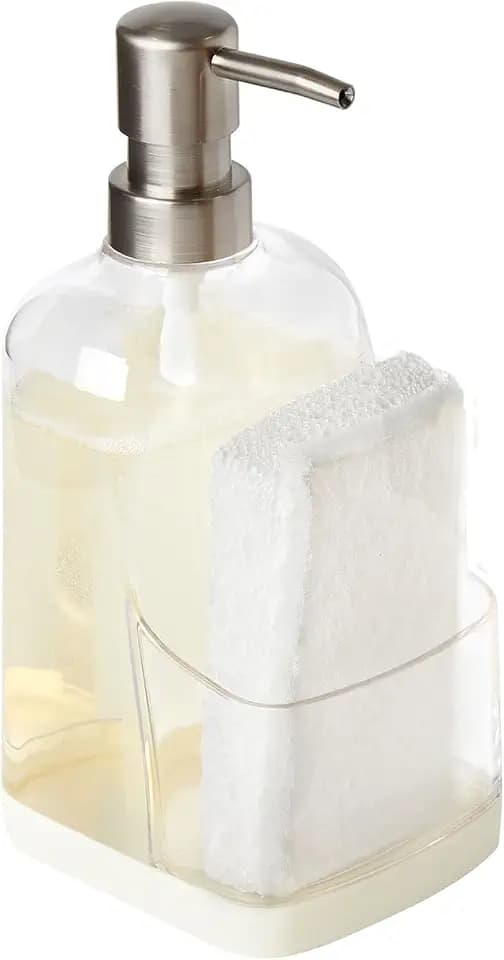 Spectrum Cora Kitchen Soap Dispenser with Sponge Holder for Kitchen Sink Organization, Easy to Clean Soap Pump Sponge Holder Storage Plastic Sink Caddy with Rubber Grip Base, Buttercream & Clear