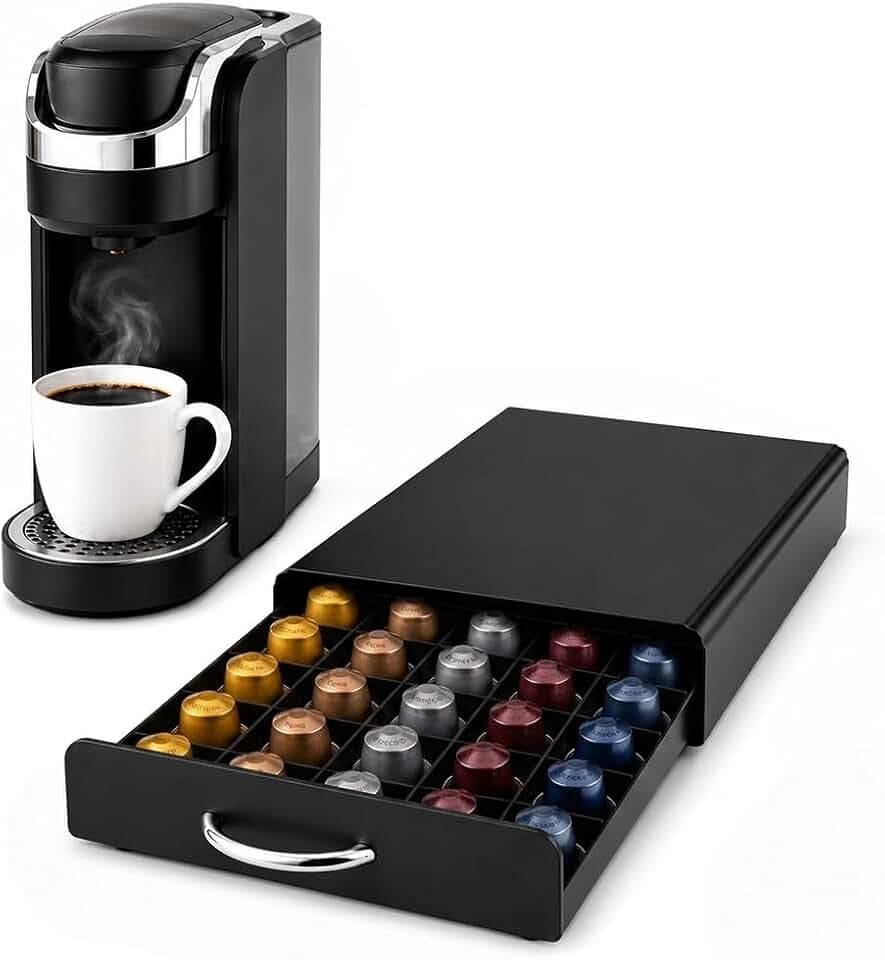 Coffee Pod Holder Drawer Compatible Nespresso Original Line Capsules Metal Coffee Pod Organizer with Smooth Sliding Tray Holds 45 Pods Coffee Capsule Storage for Kitchen Countertop, Coffee Bar