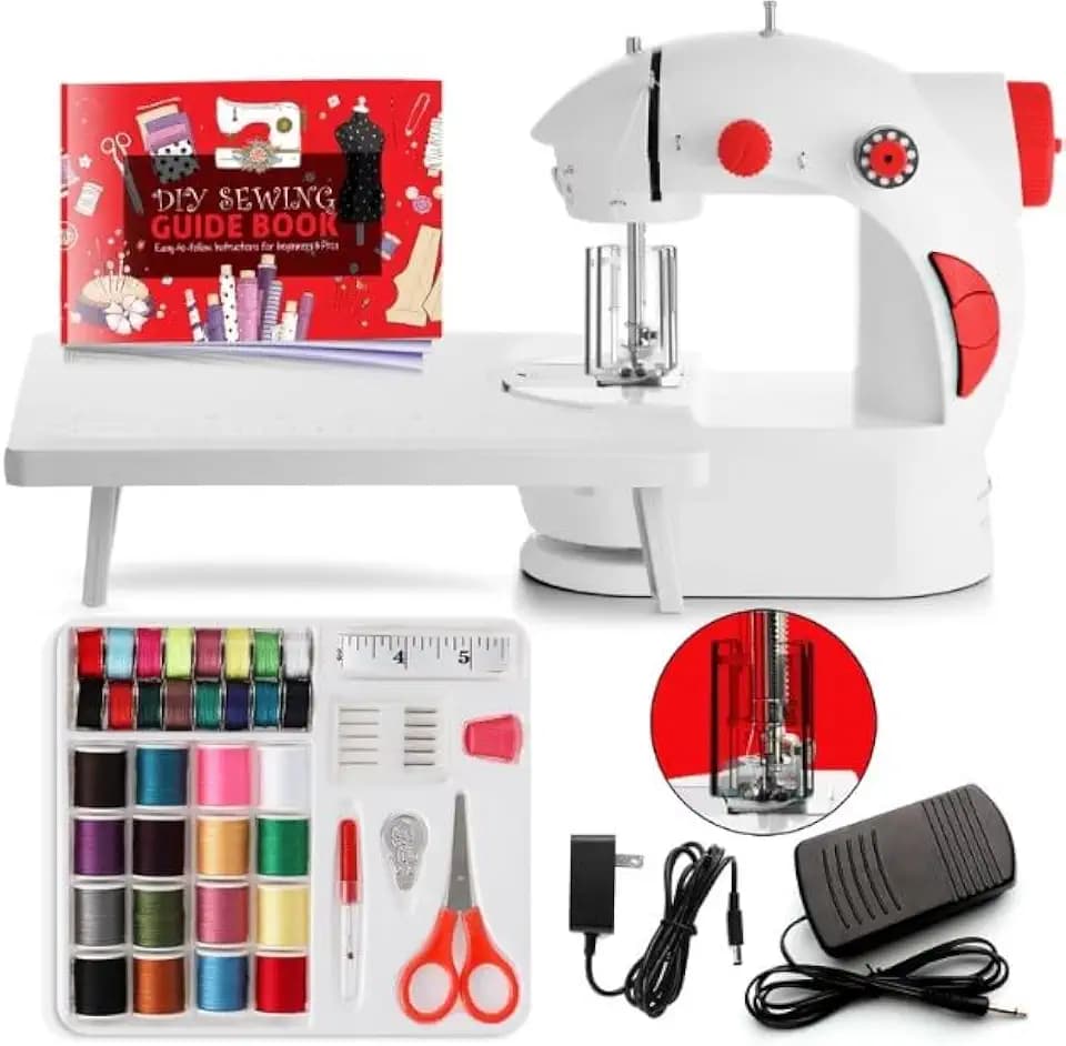 Hearth & Harbor Mini Sewing Machine for Beginners, Dual Speed Small Portable Sewing Machine for Kids and Adults with Extension Table, 48 Piece Gift Set Includes, Pedal, Projects Book and More, Red