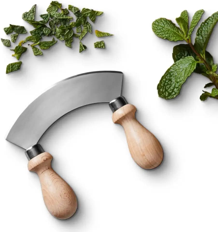 5.6” Stainless Steel Mezzaluna Knife - Salad Chopper, Pizza Cutter Rocker Blade, or Slicer Vegetable Cutter - Curved Mincing and Chopping Knife with Double Handles by Classic Cuisine
