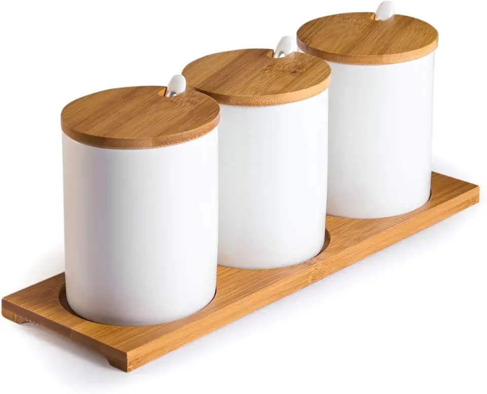 Ceramic Sugar Bowls with Bamboo Lids and Spoons-June Sky Muti-Functional Round Condiment Jar for Home- Spice Storage Canister,10.8 oz 320 ML,3 Pcs Set