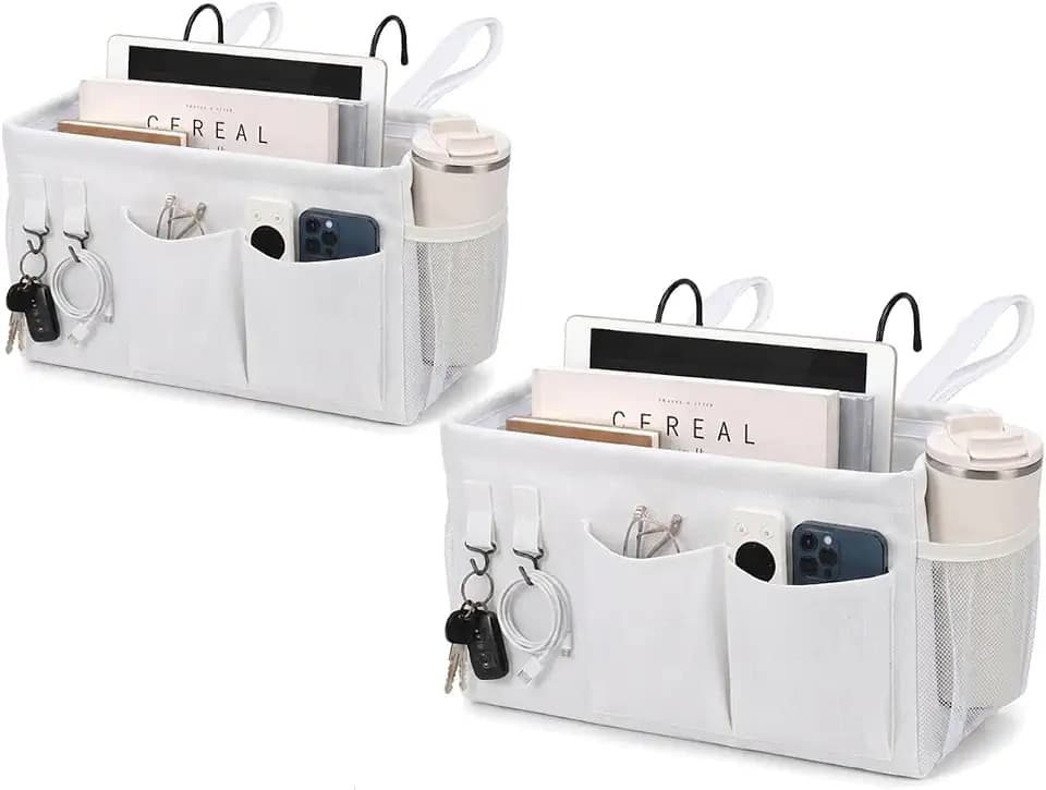 2pc Bedside Caddy Organizer with Hooks, No-Sagging Canvas Hanging Bed Pocket with Water Bottle Holder, Bedside Storage for Dorm Room Essentials, Bunk Bed Accessories, Hospital Bed Rails & Crib (white)