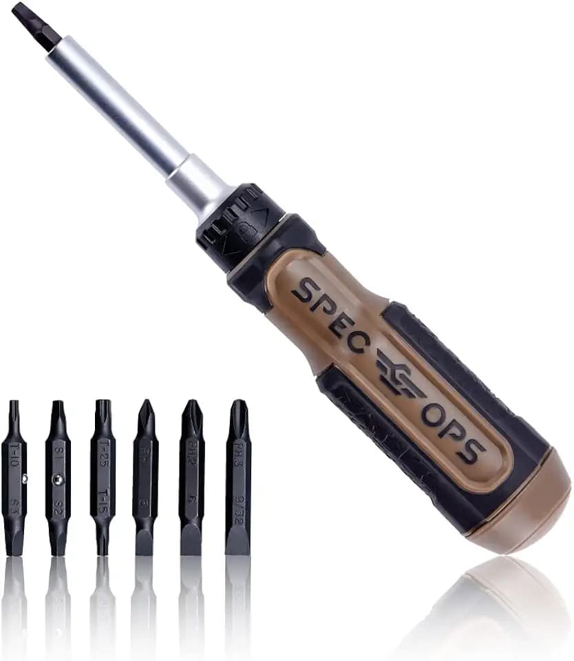 Spec Ops Tools Multi-Bit Screwdriver for Tool Belt, Tool Box, Magnetized Double-Sided Bits and Cr-Mo Steel Shaft, Ratcheting, 12-in-1
