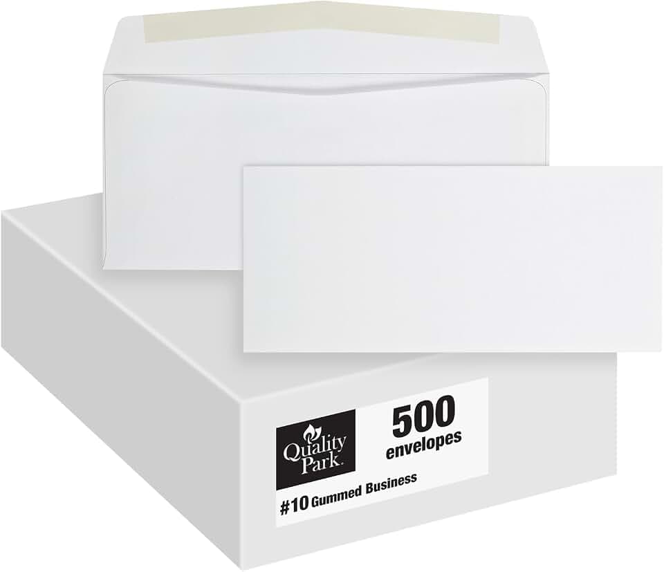 Quality Park #10 Envelopes, Letter Size White Mailing Envelopes, 4-1/8x9-1/2 Inch, No Window Business Envelopes, Gummed Closure, 500/Box (QUA90020)