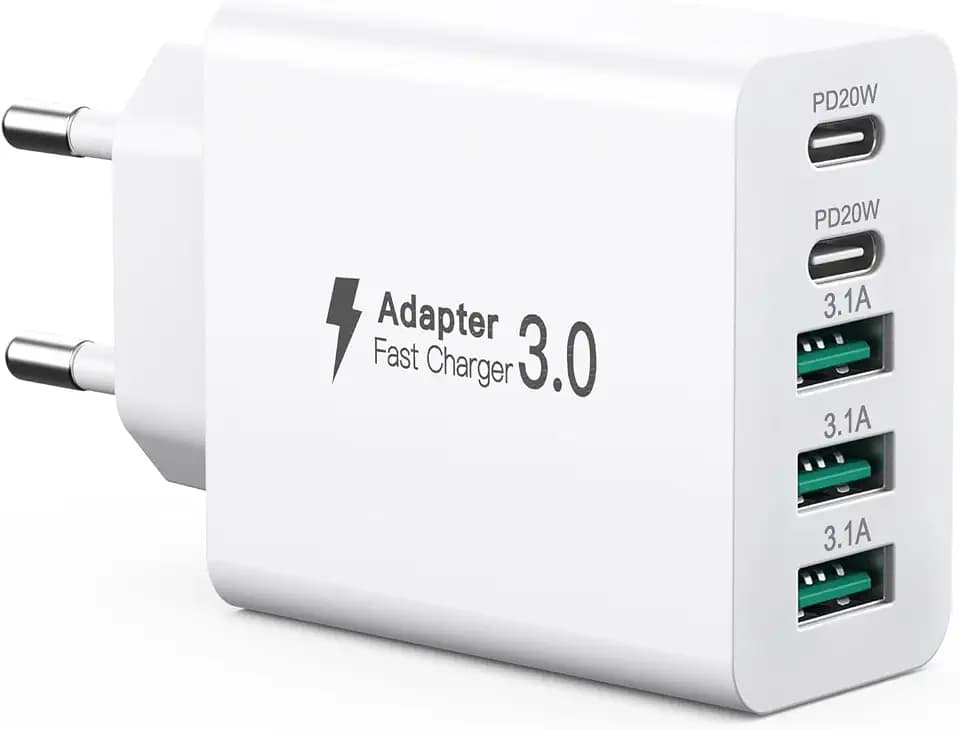 USB C Ladegerät 50W, 5 Ports Mehrfach Stecker mit【2 USB-C und 3 USB-A】, 50W USB-A Netzteil Wand-Ladegerät, Fast Charge PD 3.0 Power Adapter Kompatibel mit iPhone 12/13/14/15/16/Samsung/Handys/Tablets