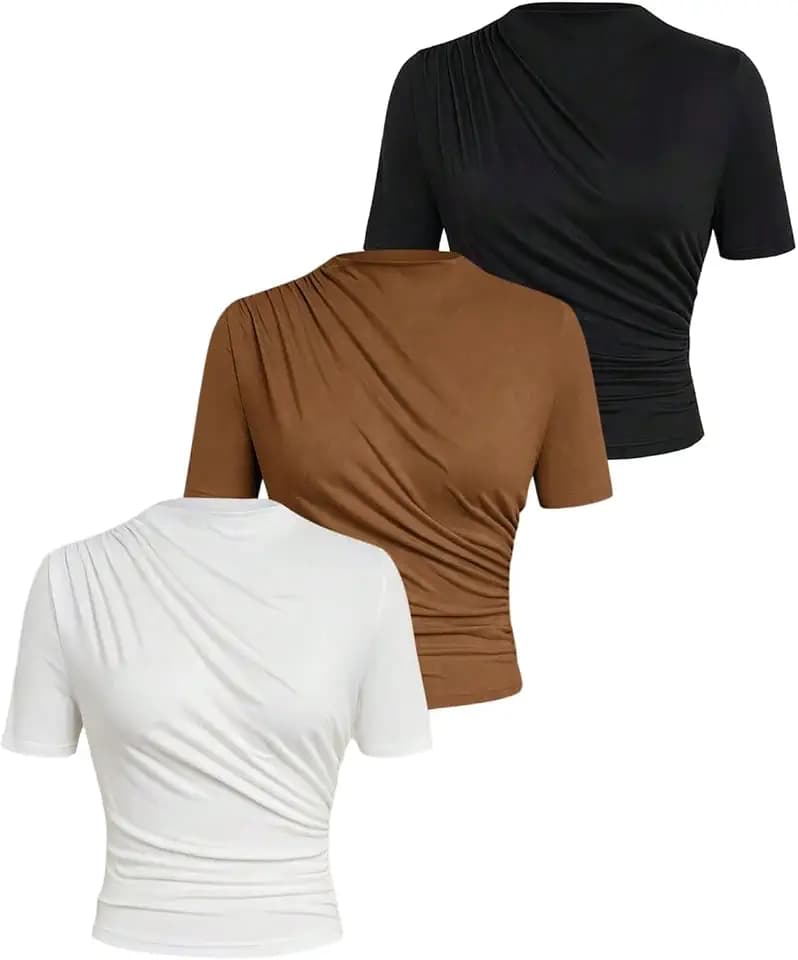Women's Plus Size 3 Pack Mock Neck Ruched Short Sleeve T Shirts