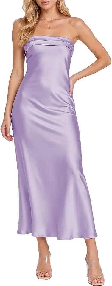 Realtix Summer Satin Strapless Backless Maxi Dress for Women Wedding Guest