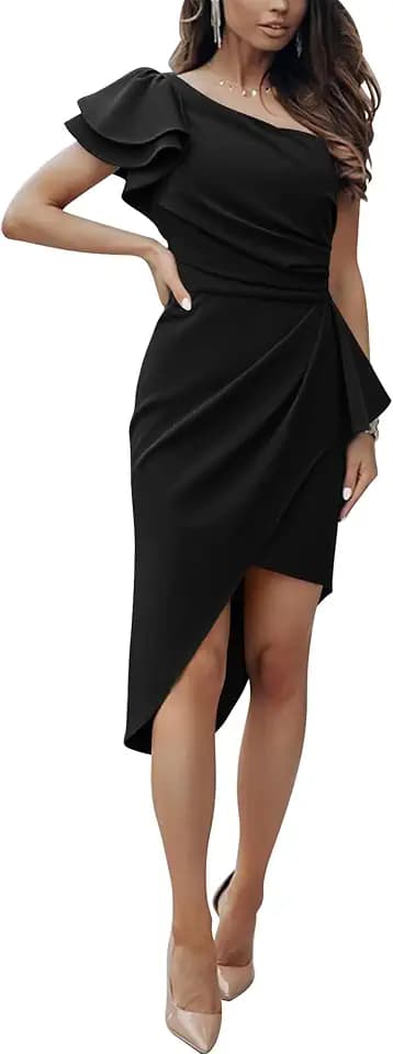 BTFBM One Shoulder Cocktail Dresses for Women 2026 Elegant Summer Ruffle Sleeve Wrap Ruched Formal Wedding Guest Dress