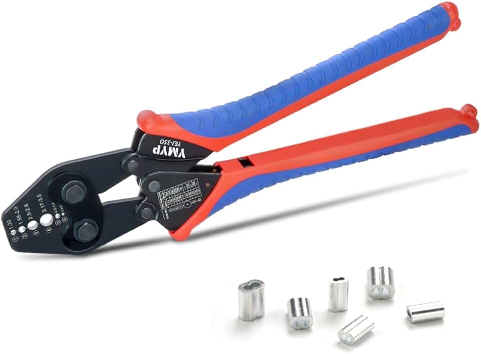 Wire Rope Crimping Tool with Ratchet, Ferrule Swaging Tool for Aluminum Sleeves, Loop Sleeves, Wire Rope Crimper for 1/64''-1/8''(0.3mm-3.5mm) Cables, Heavy-Duty Swaging Tool for Railing, Fishing