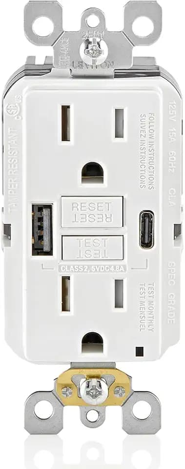 Leviton GFCI Outlet with USB-A/C, Tamper-Resistant, 15 Amp, GUAC1-W, White