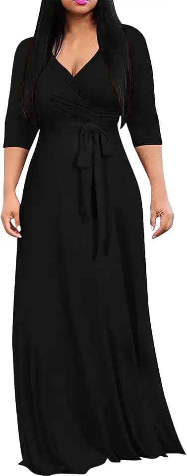 Plus Size Formal Dresses for Women Wedding Guest V Neck Wrap Solid Color 3/4 Sleeve Cocktail Party Evening Gowns Dress