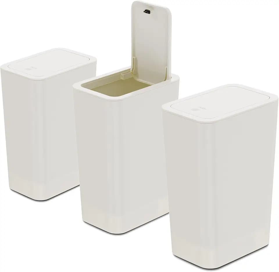 N. NETDOT 3 Pack 2.6 Gallon / 10L Bathroom Trash Can with Lid,Kitchen Garbage Can Small Trash Bin Waste Basket for Bathroom,Kitchen,Bedroom,Living Room,Office - Off White