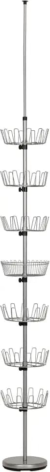 Household Essentials 2197-1 Floor to Ceiling Adjustable 6-Tier Revolving Shoe Rack with Basket - Silver