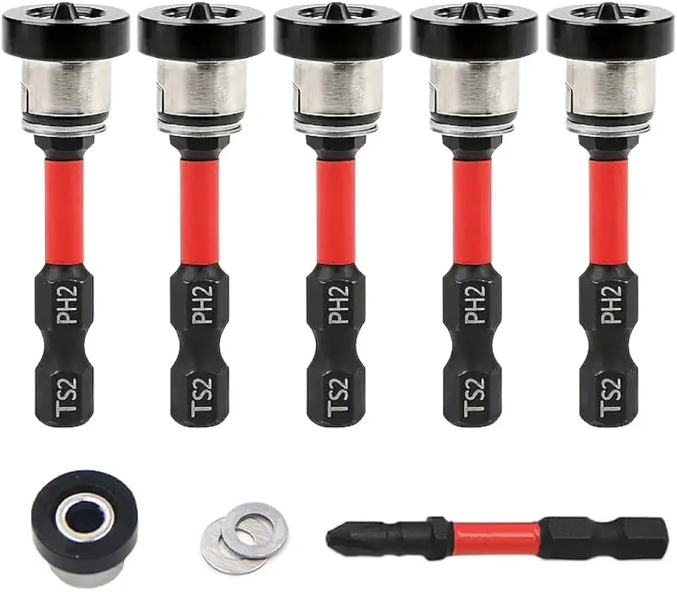 5pcs TEURSA ® Magnetic Drywall Screw Setter Bits – Adjustable Depth PH2 Positioning Bits with Removable Aluminum Collar, S2 Steel Hex Shank for Sheetrock and Plasterboard Screws (5pcs 2")