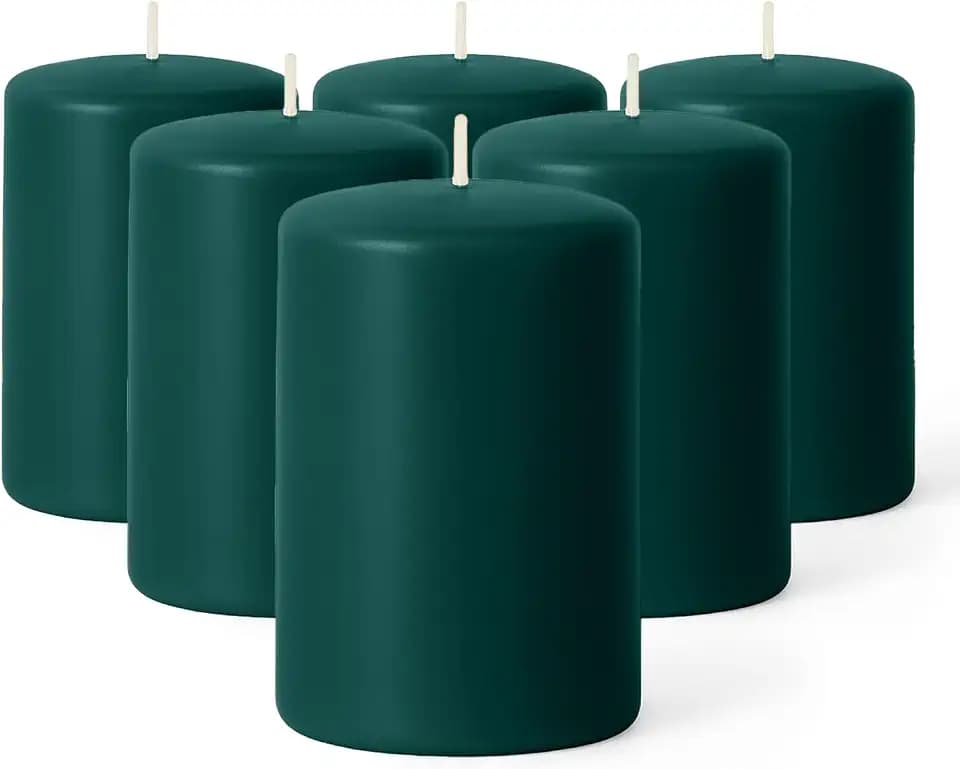 Biedermann & Sons Evergreen Pillar Candles (6 Pack), 4 Inch Tall 3 Inch Wide Round, Unscented Paraffin Wax, Approx 40 to 45 Hour Burn, Dripless Decorative Candles for Centerpieces