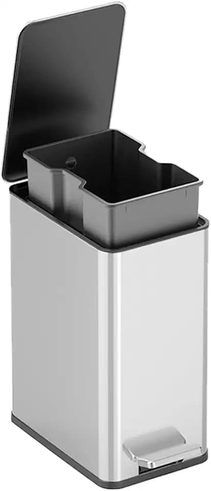 10L Stainless Steel Step Trash Can, Fingerprint-Resistant Pedal Garbage Bin with Soft-Close Lid, Removable Inner Bucket, Non-Slip Base for Home & Office (Sliver)