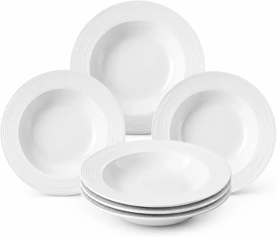 Pasta Bowls Plates, 8.5 Inch Ceramic Plates, Shallow White Plates, Dinner Plates for Kitchen & Restaurant Use - Microwave & Dishwasher Safe (6)