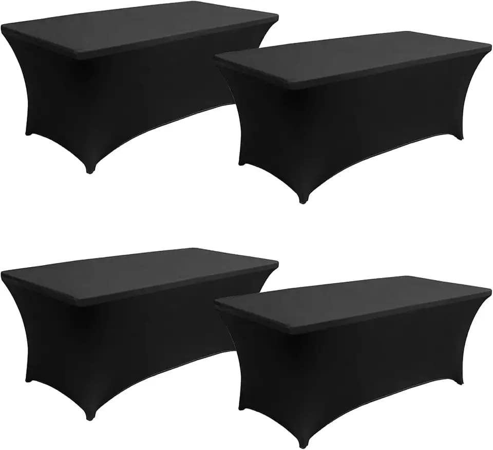 Fivenl 6FT Spandex Table Cover Table Cloth for Folding Tables Fitted Rectangular Tablecover Washable Wrinkle Resistant Polyester Stretch Tablecloth Protector for Wedding Banquet Party (4 Pack, Black)