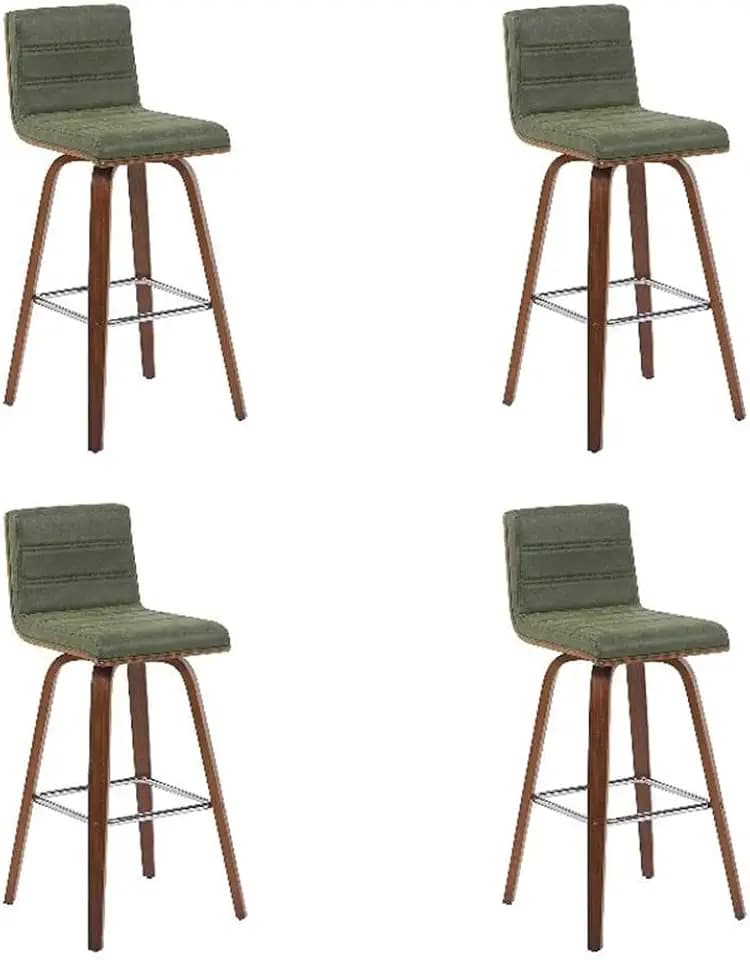 Armen Living Vienna Modern Swivel 30" Bar Height Barstool with Vintage Green Faux Leather and Walnut Wood Finish