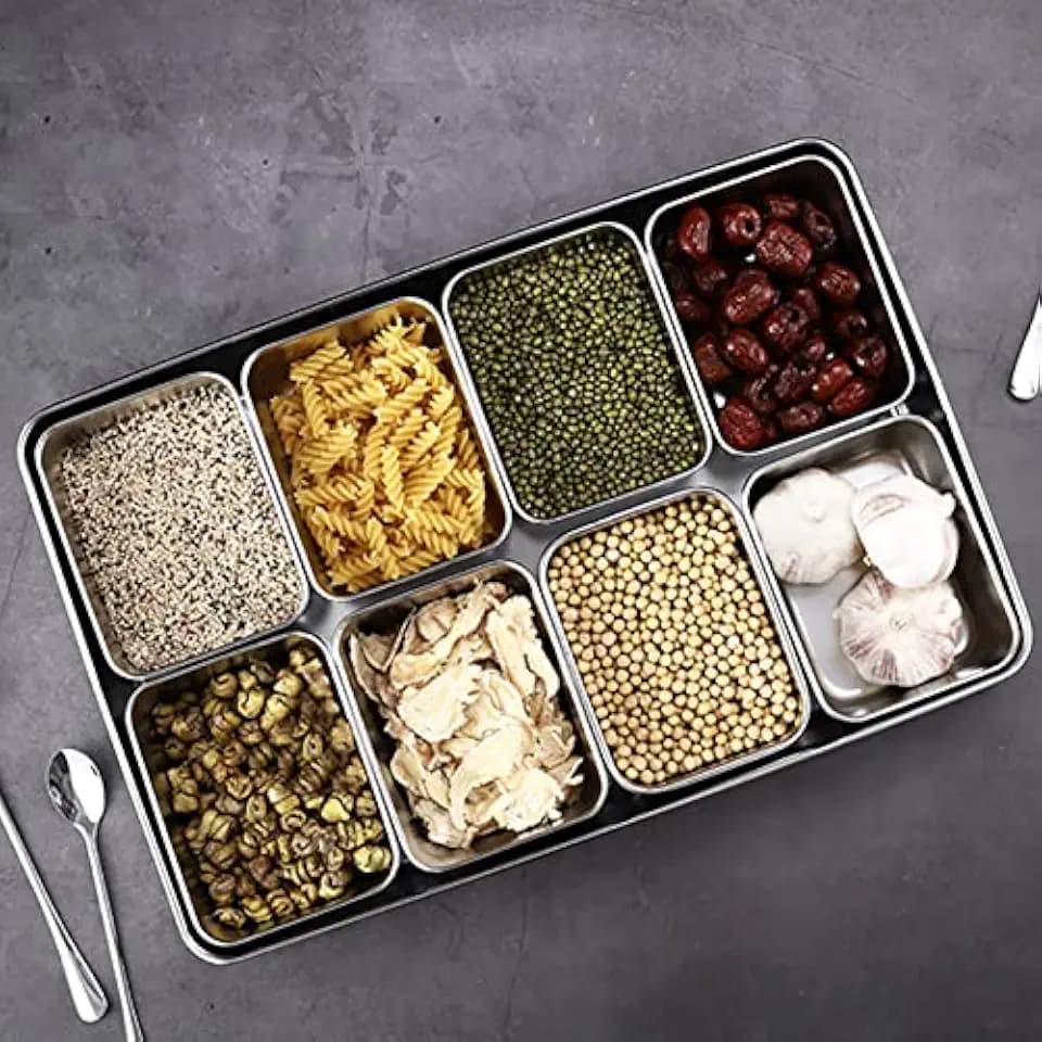 KIMISS Seasoning Organizer Box 8 Grids Stainless Steel Jars Spices Container Set Rack with Lids And Spoons for Salt Snacks Flour Dry Goods Fruits