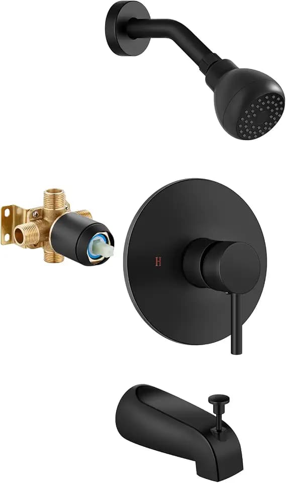 Shower Tub Faucet Set with Valve,Rain Head and Spout,Matte Black