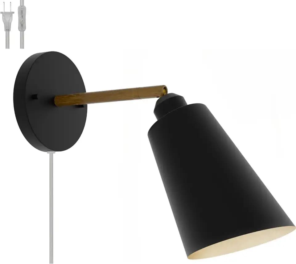 NOTOC Plug in Wall Sconces,Adjustable Angle Black Wall Sconces,Wall Lights with Plug in Cord and On/Off Switch, Wall Mounted Light for Bedroom Bedside Stairway(Black)