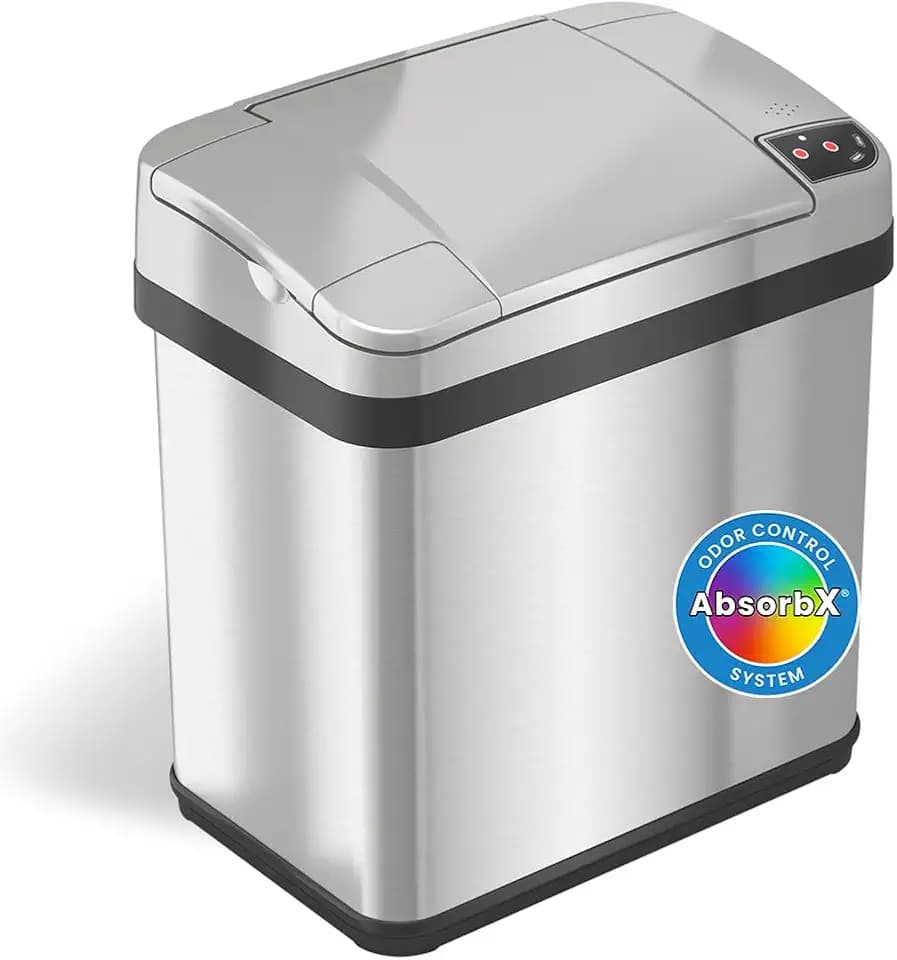 iTouchless 2.5 Gallon Sensor Garbage Can with AbsorbX Odor Filter and Fragrance, 9.5 Liter Touchless Automatic Stainless Steel Trash Bin, Perfect for Bathroom and Office
