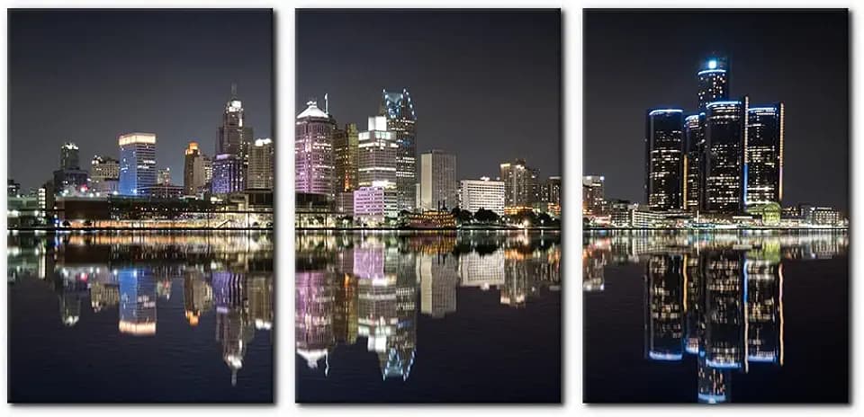Pacimo 3 Pieces Panoramic Detroit Cityscape Picture Black and White Michigan Night Skyline Canvas Art Prints Wall Decoration for Bedroom Office Stretched and Framed Ready to Hang - 16"x24"x3 Panels