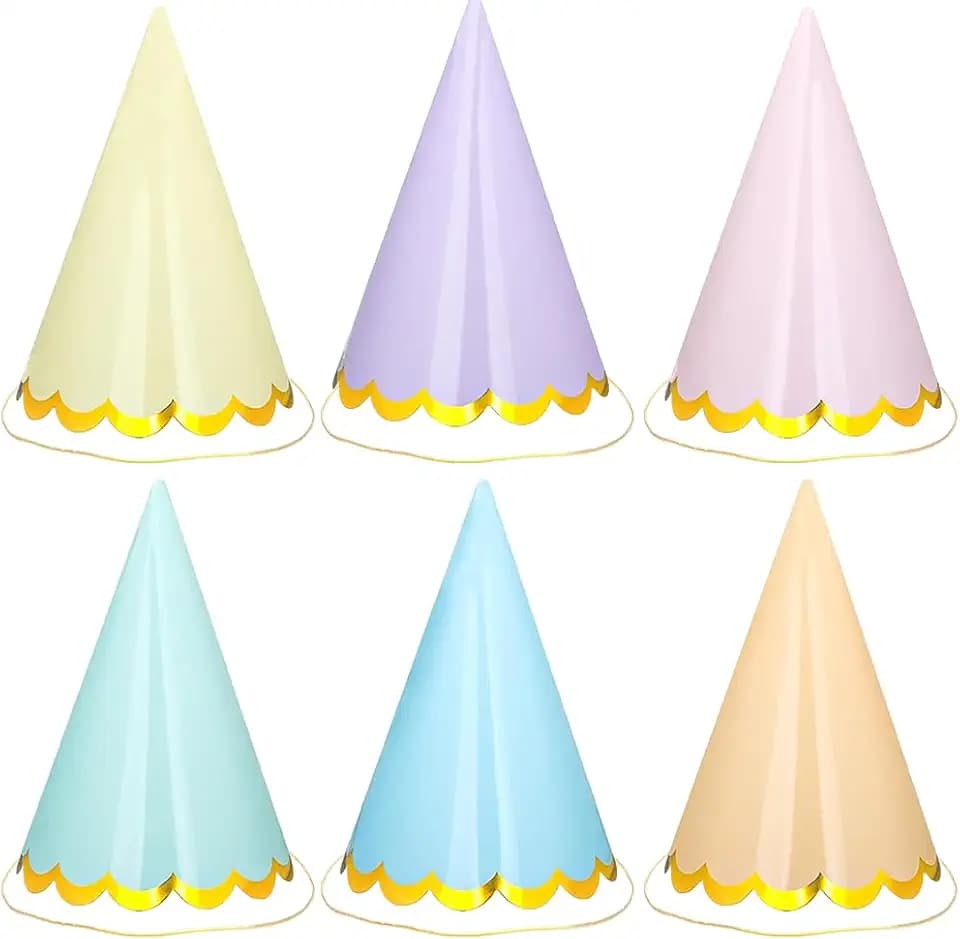 24Pcs Pastel Birthday Party Hats — Colorful Cone Paper Hats with Gold Edge/Gold-Stamped, Elastic String, 6 Colors, for Baby Shower, Bridal, Wedding