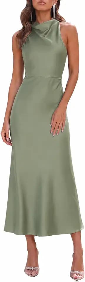 Halfisland Womens Satin High Neck Backless Sleeveless Cocktail Midi Dress