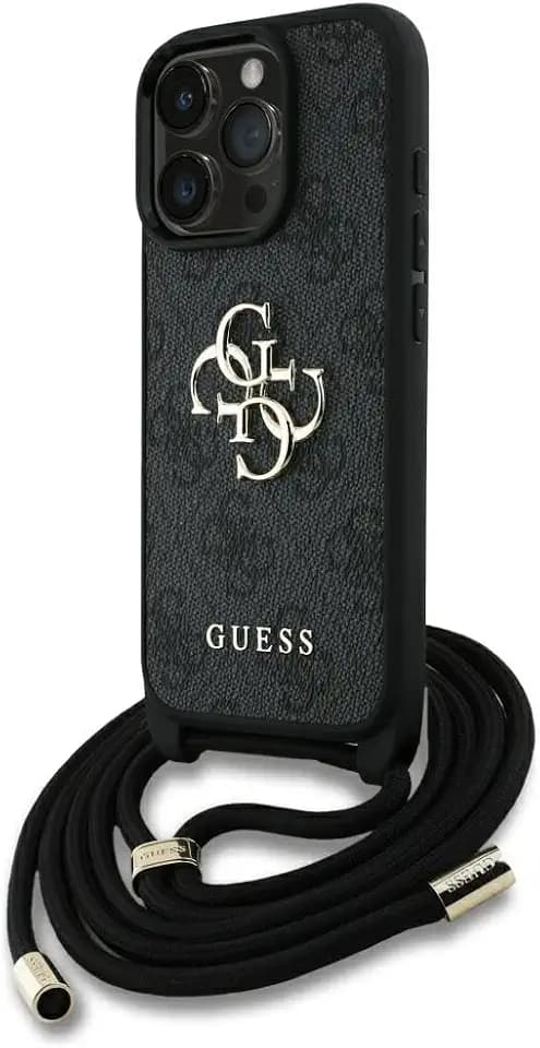 CG MOBILE Guess 4G Big Logo Cord Stap Crossbody Hülle für iPhone 16 Pro (Schwarz)