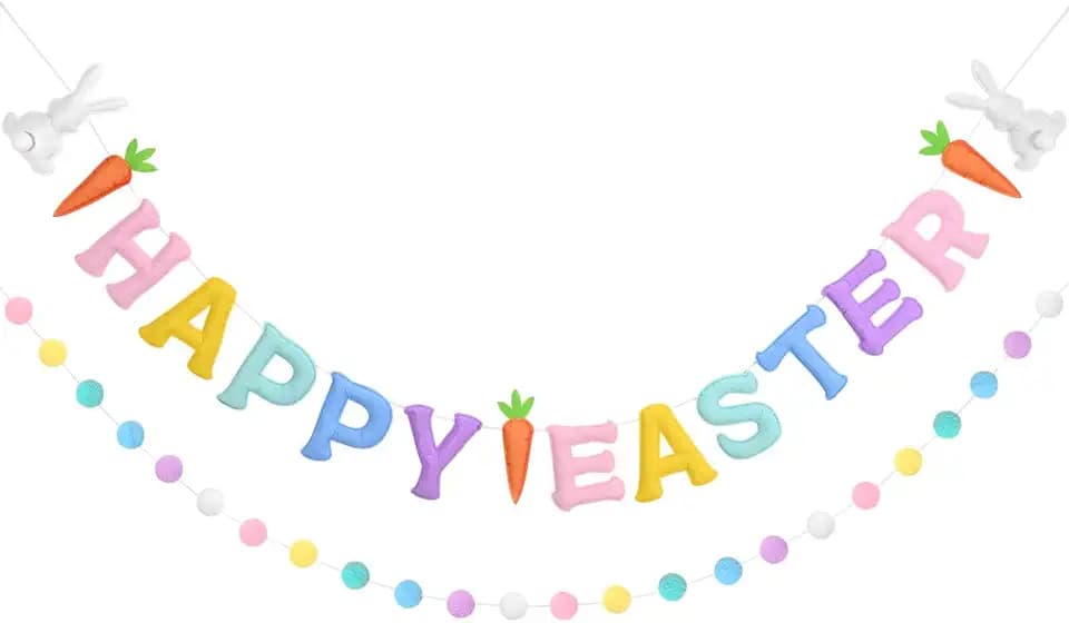 2 Pcs 8.2 ft Easter Felt Banner Pastel Pom Pom Garland Happy Easter Felt Garland Easter Bunny Carrot Bunting Colorful Hairball Banner for Easter Spring Home Wall Decoration