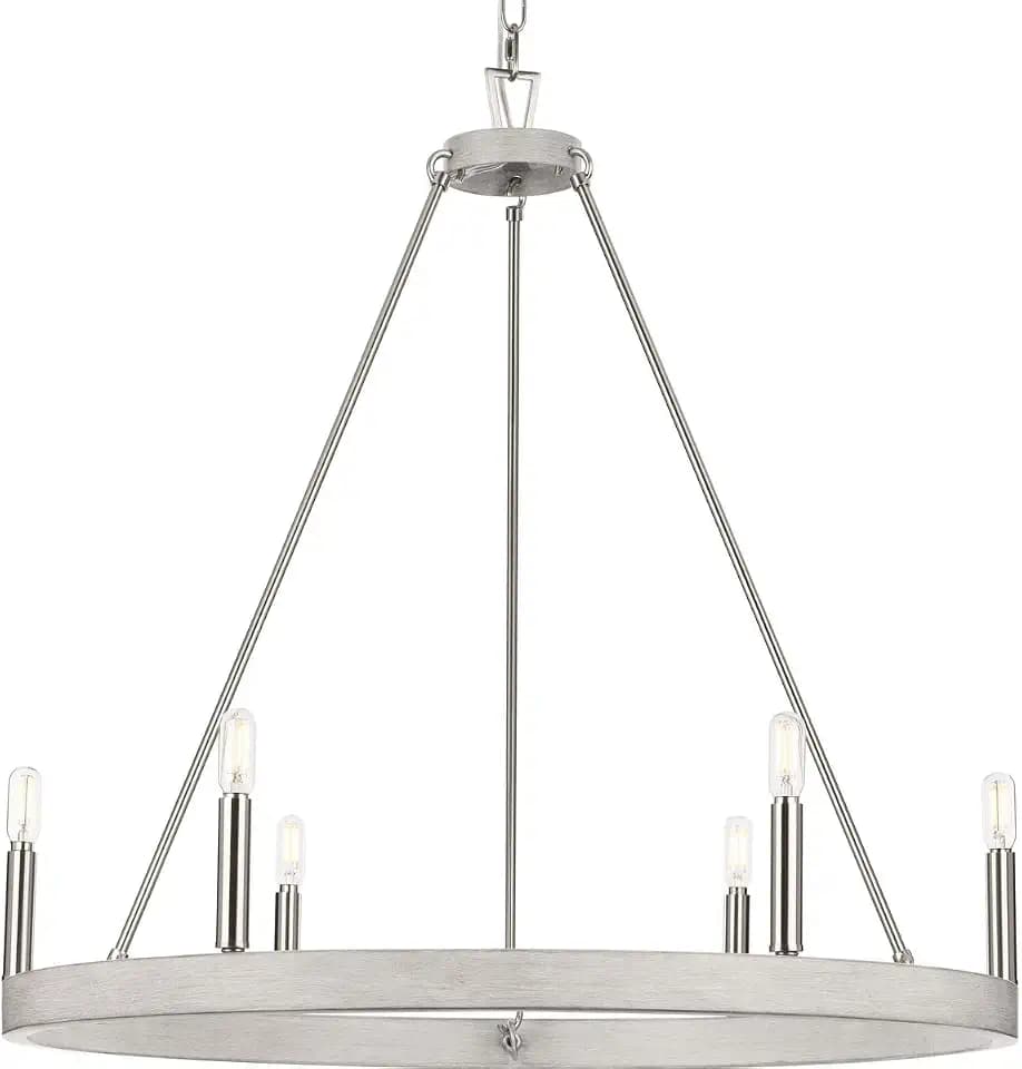 Progress Lighting P400302-009 Galloway Collection 6-Light Modern Farmhouse Chandelier Brushed Nickel with Grey Washed Oak Accents